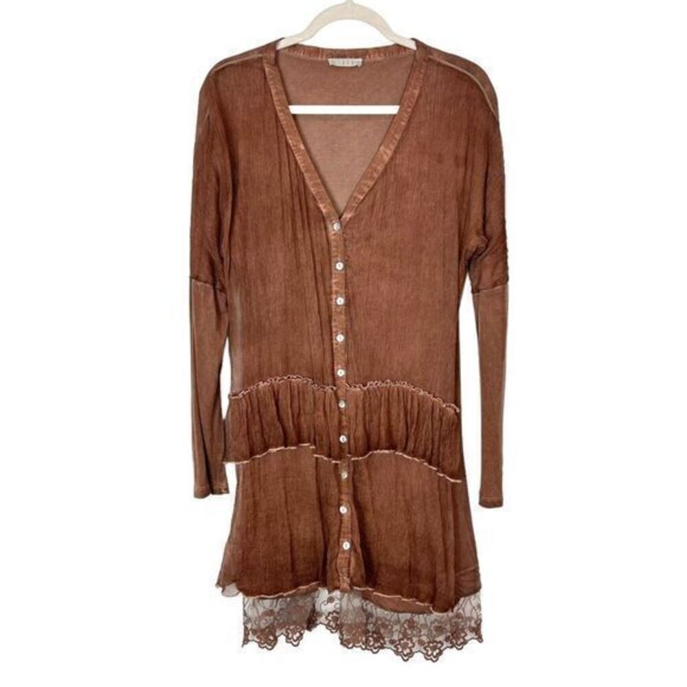 Saga Silk Ruffle Mini Dress sz 0 Brown Lace Hem V-neck Long Sleeve Button Front